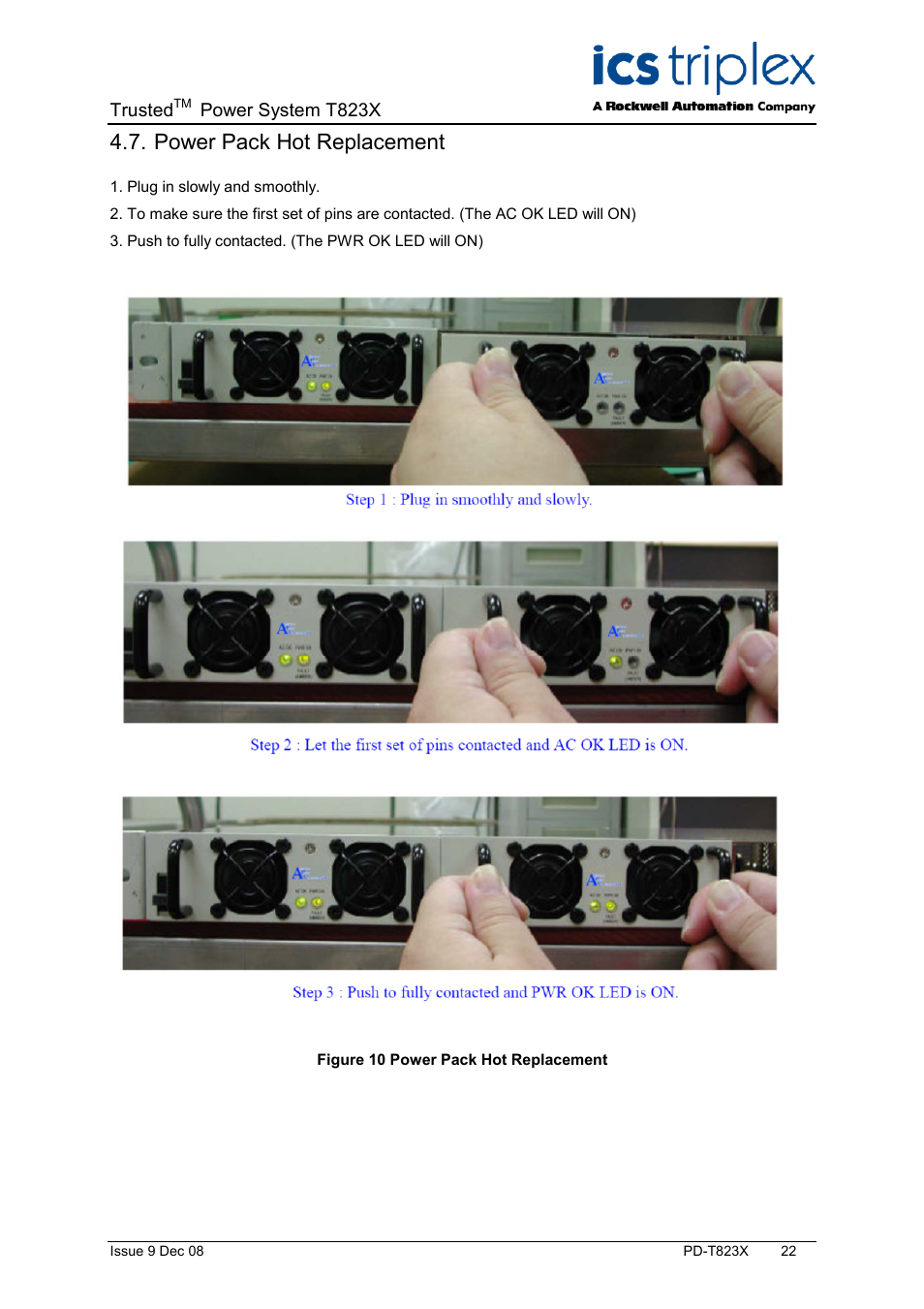 Power pack hot replacement, Figure 10 power pack hot replacement | Rockwell Automation T823X Trusted Power System User Manual | Page 22 / 32