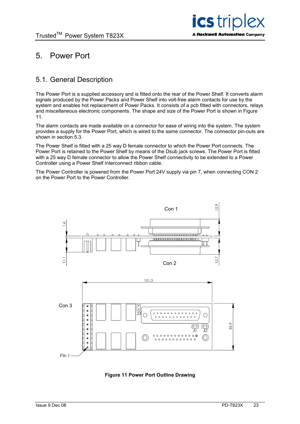 Power port, General description, Figure 11 power port outline drawing | Rockwell Automation T823X Trusted Power System User Manual | Page 23 / 32