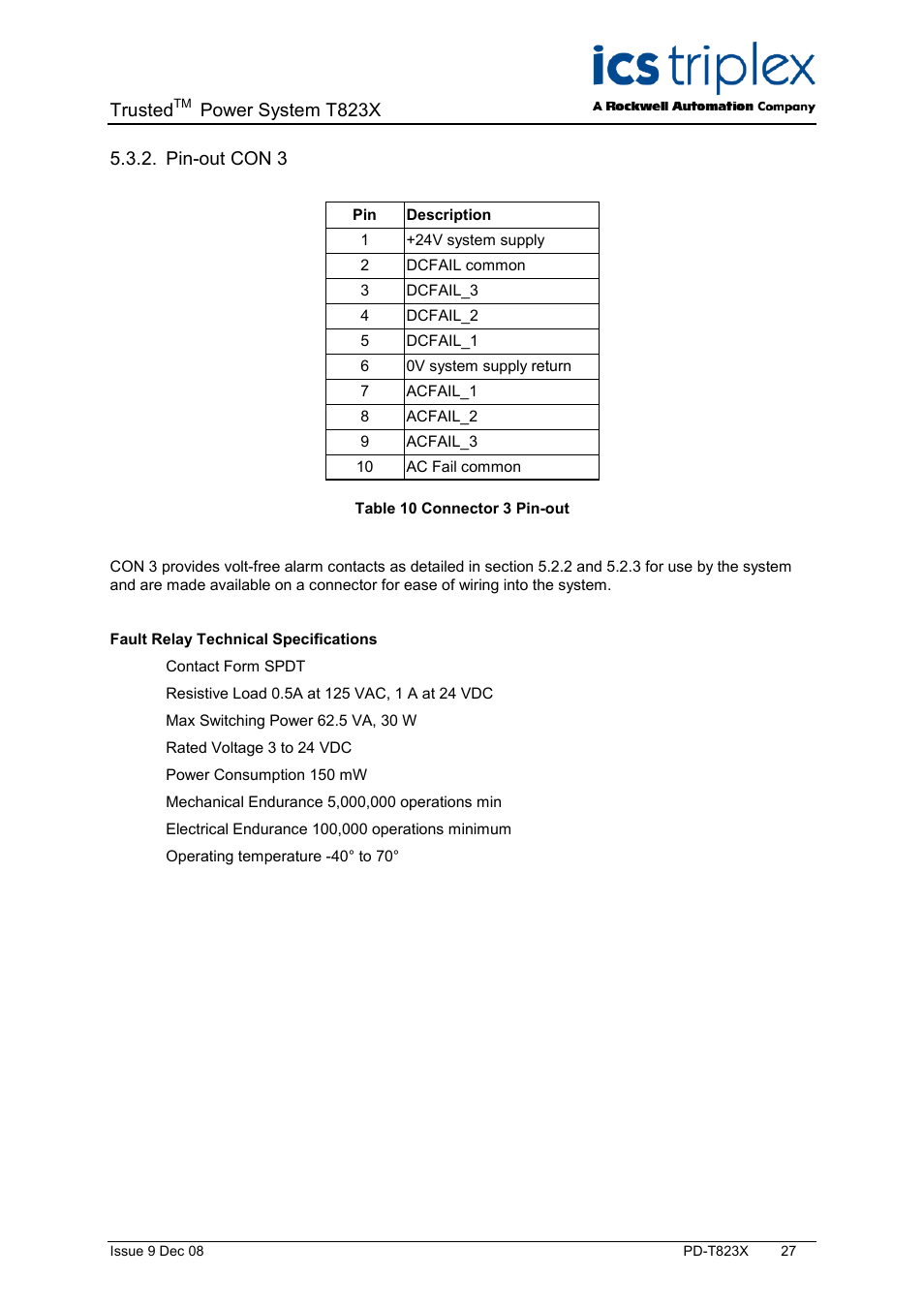 Pin-out con 3, Table 10 connector 3 pin-out, Trusted | Power system t823x | Rockwell Automation T823X Trusted Power System User Manual | Page 27 / 32