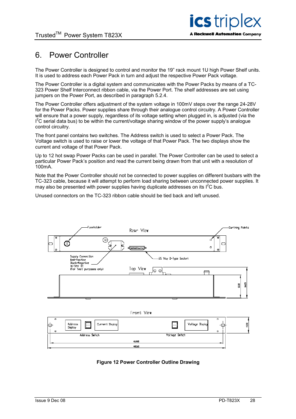 Power controller, Figure 12 power controller outline drawing, Trusted | Power system t823x | Rockwell Automation T823X Trusted Power System User Manual | Page 28 / 32