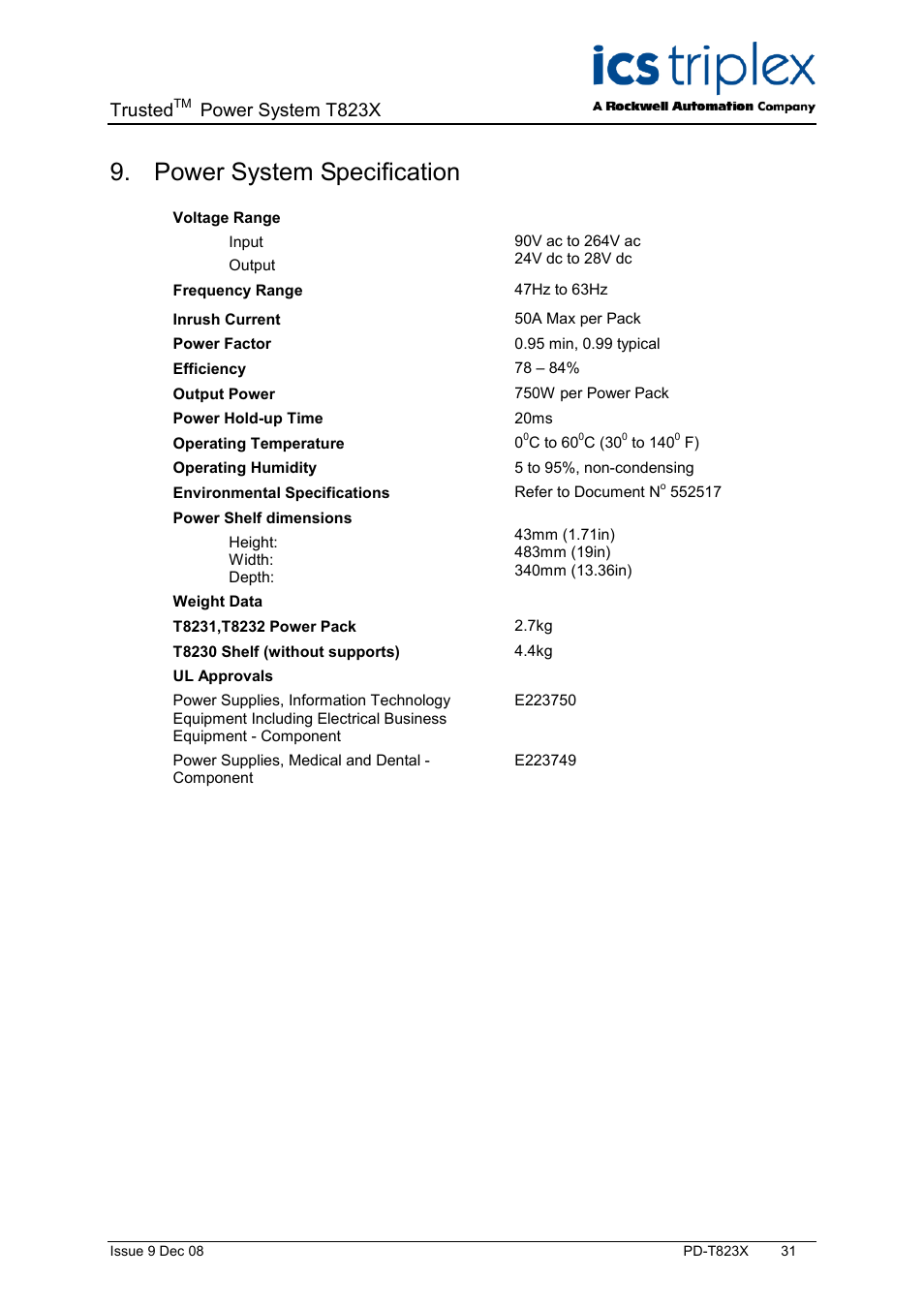 Power system specification, Trusted, Power system t823x | Rockwell Automation T823X Trusted Power System User Manual | Page 31 / 32