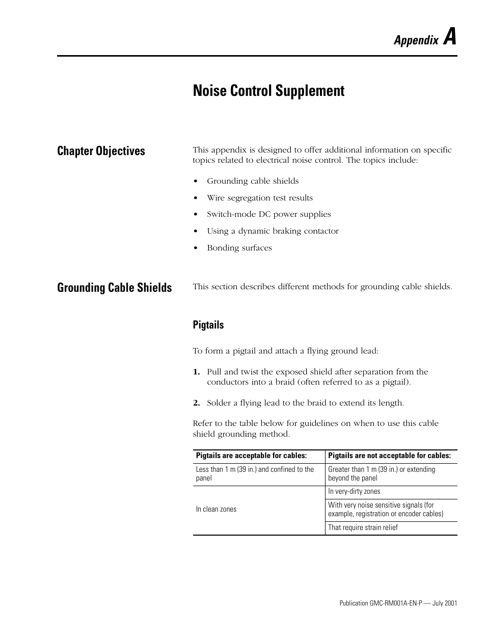 Appendix a - noise control supplement, Chapter objectives, Grounding cable shields | Pigtails, Appendix a, Noise control supplement, Grounding cable shields in, Appendix | Rockwell Automation System Design for the Control of Electrical Noise User Manual | Page 103 / 127