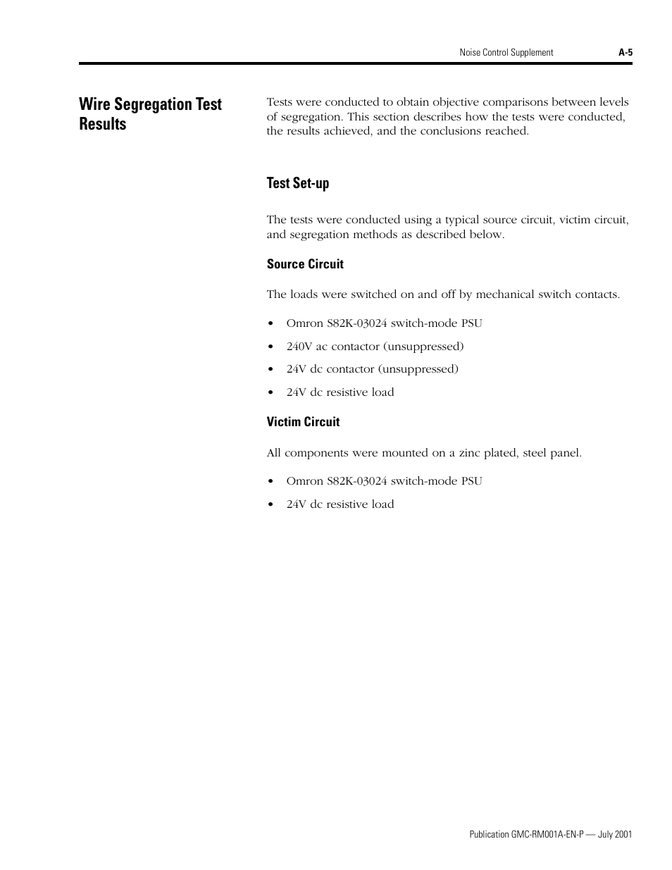 Wire segregation test results, Test set-up, On wire segregation test results | Rockwell Automation System Design for the Control of Electrical Noise User Manual | Page 107 / 127