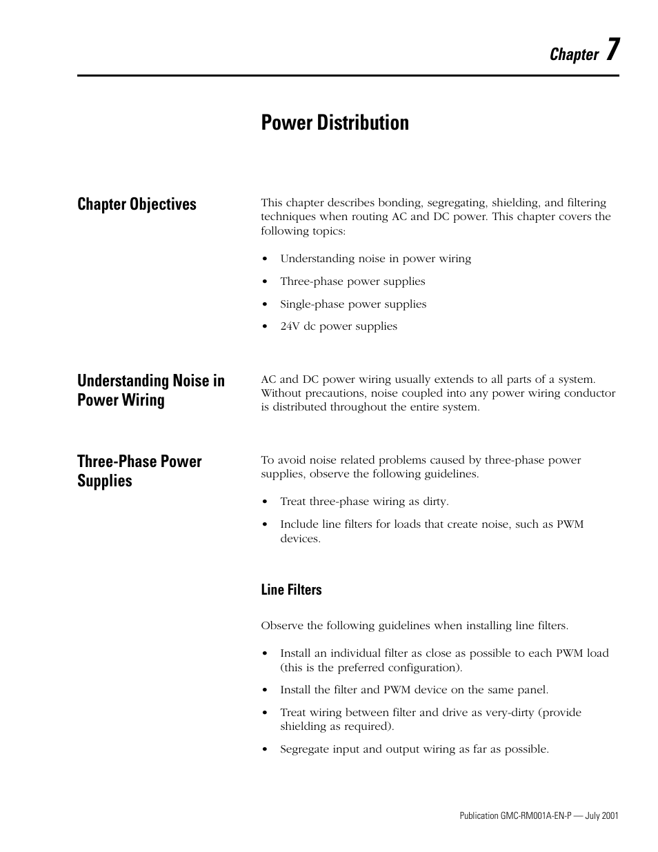 Chapter 7 - power distribution, Chapter objectives, Understanding noise in power wiring | Three-phase power supplies, Line filters, Chapter 7, Power distribution, Line filters -1, Hapter power distribution, Chapter | Rockwell Automation System Design for the Control of Electrical Noise User Manual | Page 59 / 127