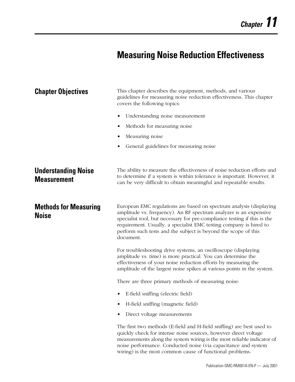 Chapter objectives, Understanding noise measurement, Methods for measuring noise | Chapter 11, Measuring noise reduction effectiveness, Methods for measuring noise -1, Chapter | Rockwell Automation System Design for the Control of Electrical Noise User Manual | Page 91 / 127