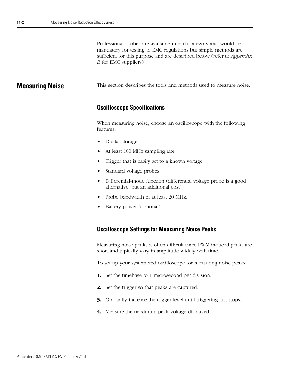 Measuring noise, Oscilloscope specifications, Oscilloscope settings for measuring noise peaks | Measuring noise -2 | Rockwell Automation System Design for the Control of Electrical Noise User Manual | Page 92 / 127