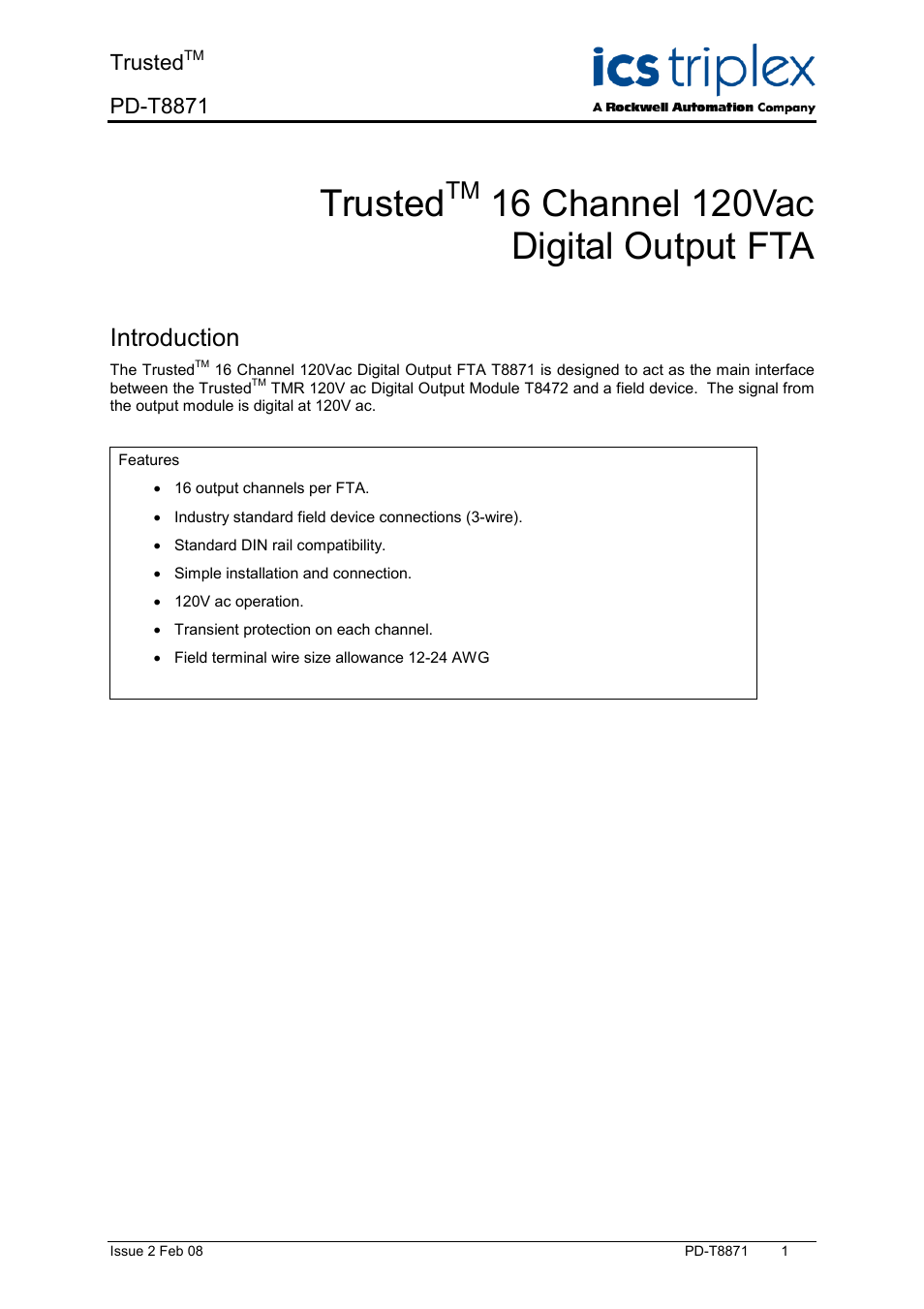 Rockwell Automation T8871 Trusted 16 Channel 120V ac Digital Output FTA User Manual | 14 pages