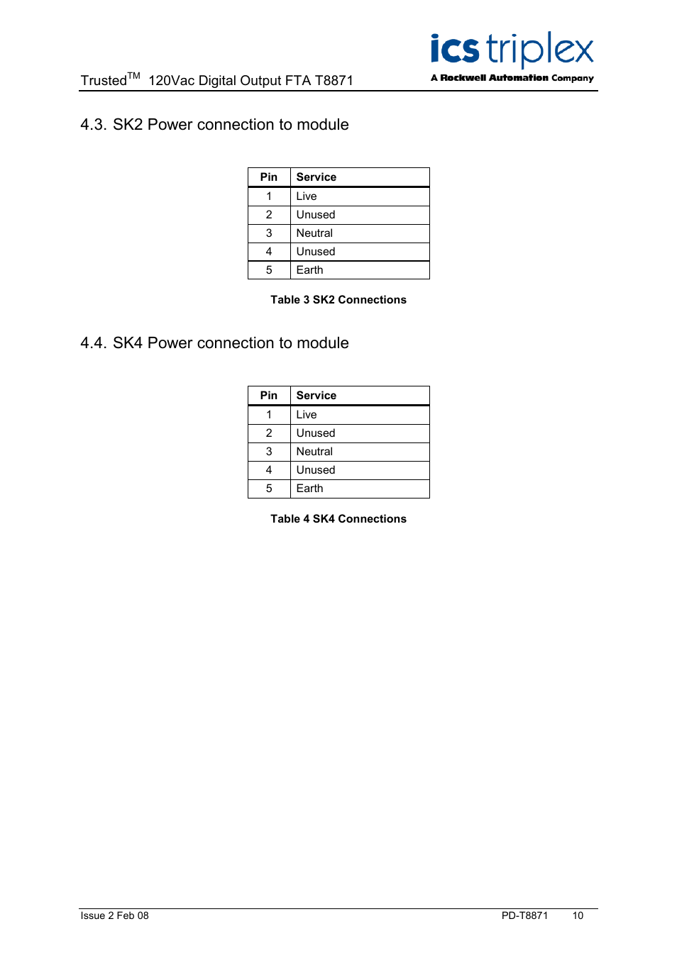 Sk2 power connection to module, Sk4 power connection to module, Table 3 sk2 connections | Table 4 sk4 connections, Trusted | Rockwell Automation T8871 Trusted 16 Channel 120V ac Digital Output FTA User Manual | Page 10 / 14