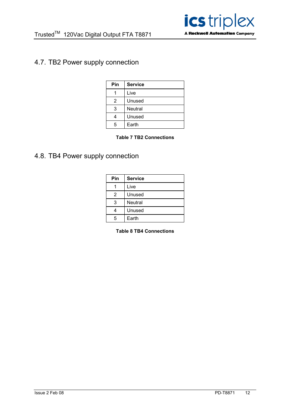 Tb2 power supply connection, Tb4 power supply connection, Table 7 tb2 connections | Table 8 tb4 connections, Trusted | Rockwell Automation T8871 Trusted 16 Channel 120V ac Digital Output FTA User Manual | Page 12 / 14