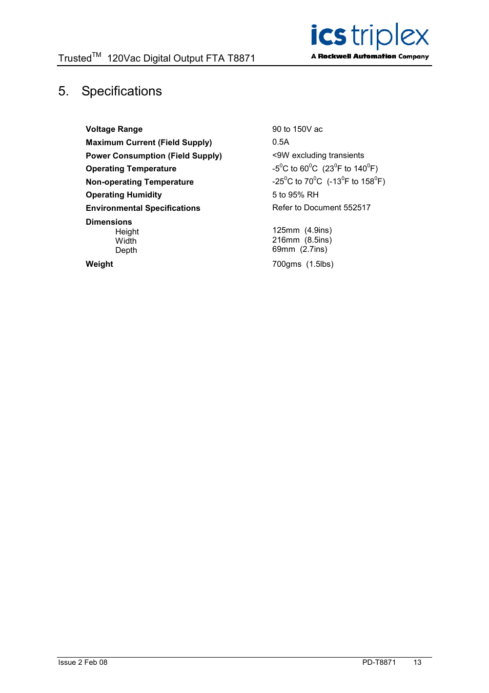 Specifications, Trusted | Rockwell Automation T8871 Trusted 16 Channel 120V ac Digital Output FTA User Manual | Page 13 / 14