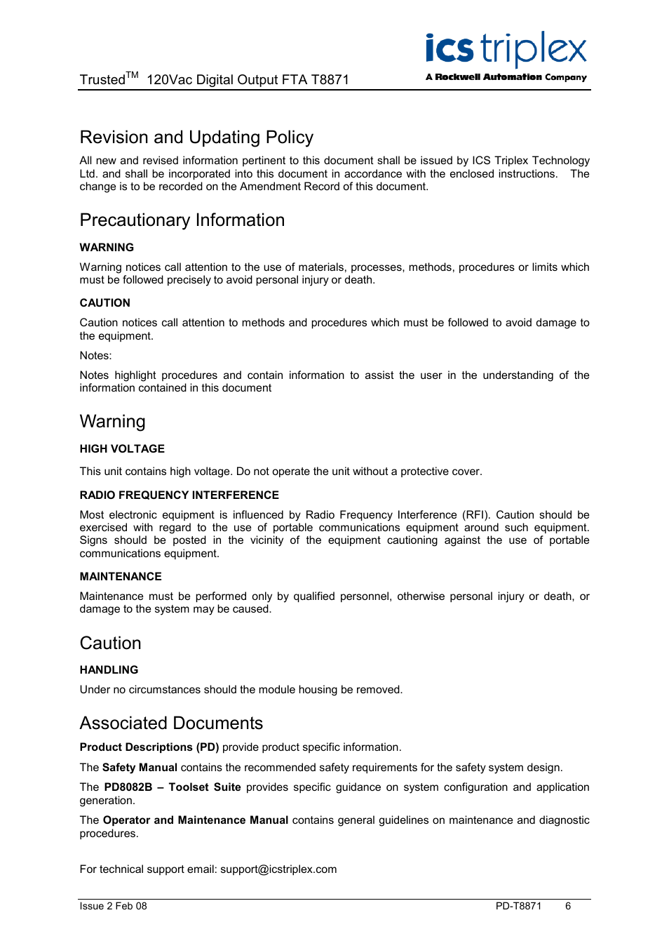 Revision and updating policy, Precautionary information, Warning | Caution, Associated documents | Rockwell Automation T8871 Trusted 16 Channel 120V ac Digital Output FTA User Manual | Page 6 / 14