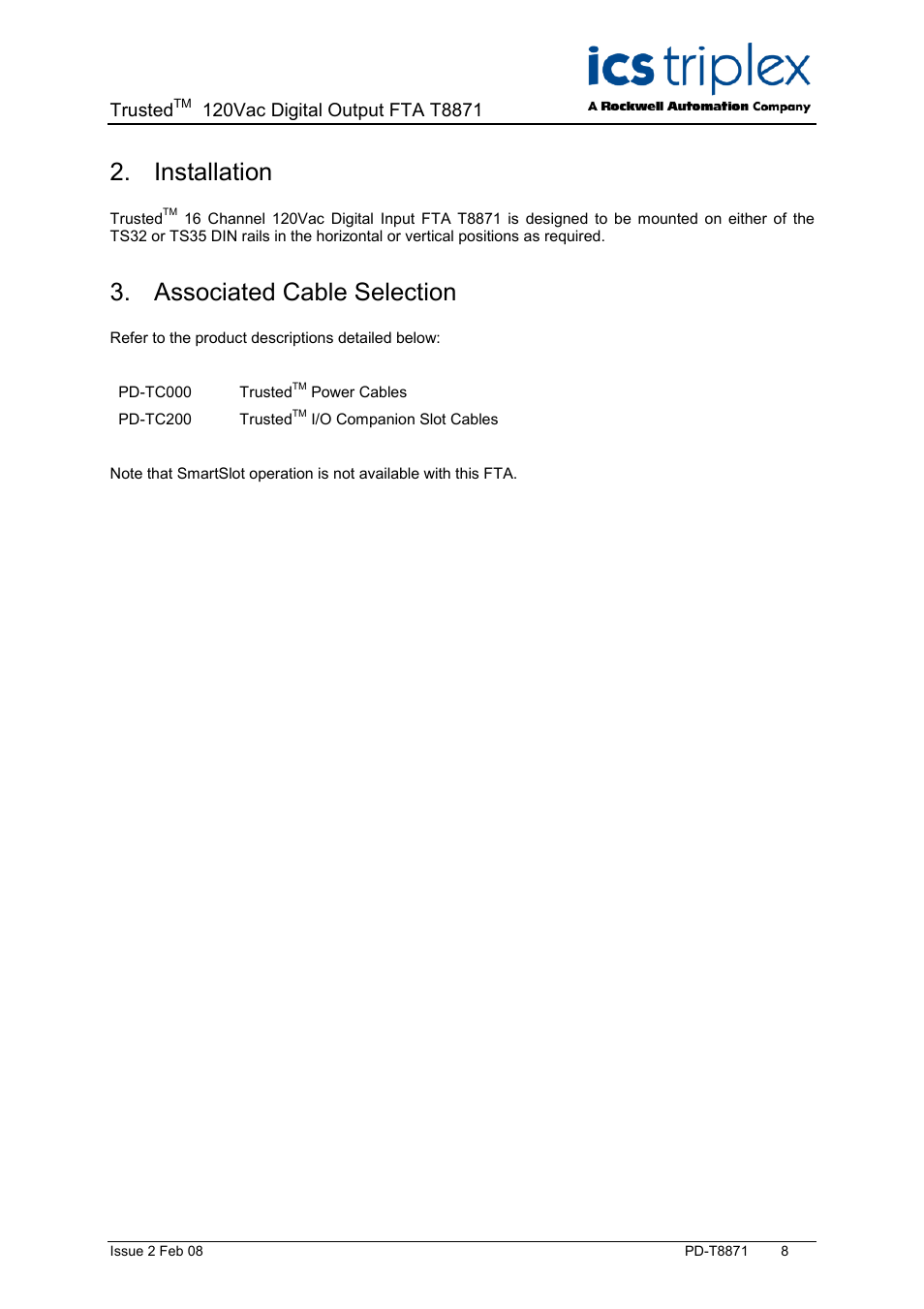 Installation, Associated cable selection, Trusted | Rockwell Automation T8871 Trusted 16 Channel 120V ac Digital Output FTA User Manual | Page 8 / 14
