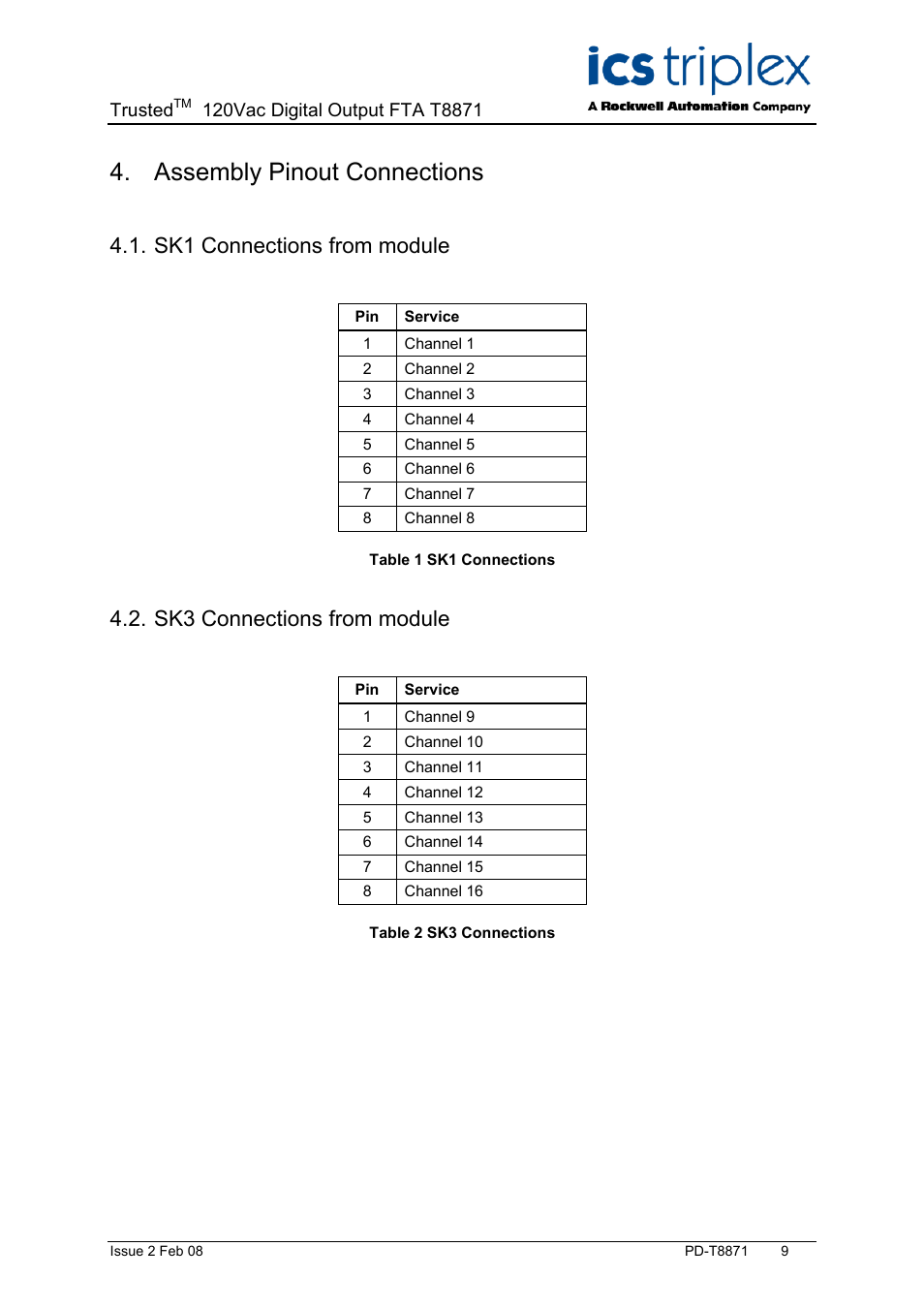 Assembly pinout connections, Sk1 connections from module, Sk3 connections from module | Table 1 sk1 connections, Table 2 sk3 connections, Trusted | Rockwell Automation T8871 Trusted 16 Channel 120V ac Digital Output FTA User Manual | Page 9 / 14
