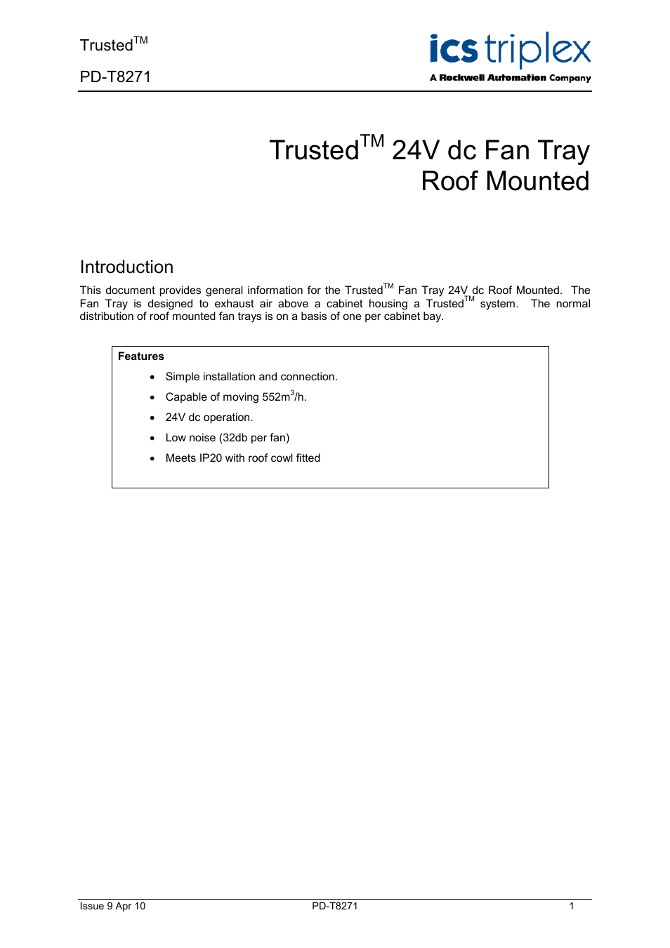 Rockwell Automation T8271 Trusted 24V dc Fan Tray Roof Mounted User Manual | 10 pages