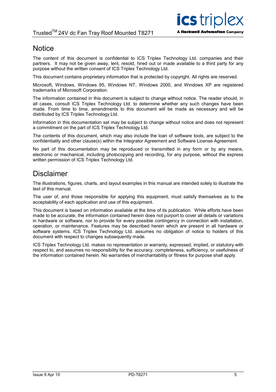 Notice, Disclaimer | Rockwell Automation T8271 Trusted 24V dc Fan Tray Roof Mounted User Manual | Page 5 / 10