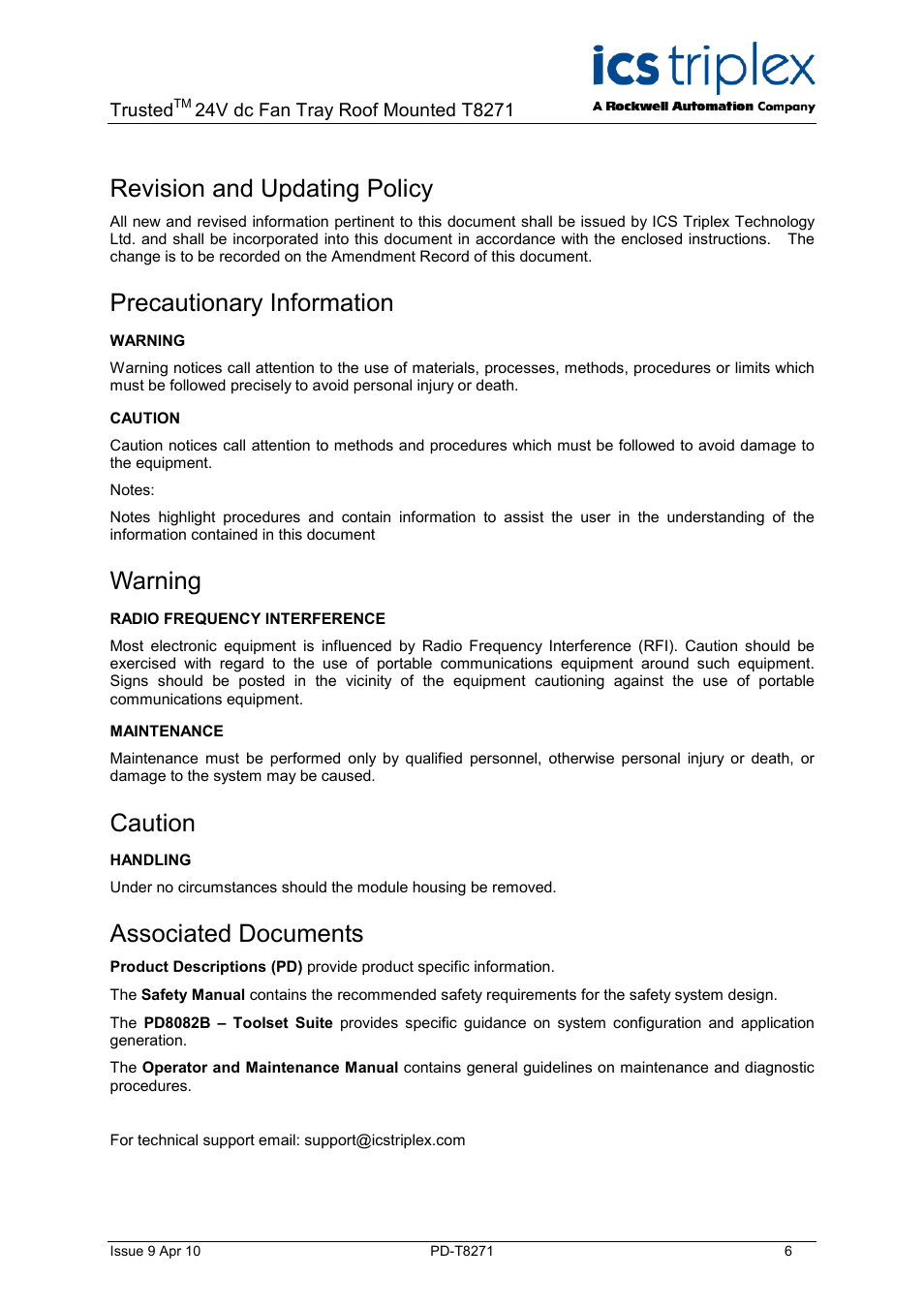 Revision and updating policy, Precautionary information, Warning | Caution, Associated documents | Rockwell Automation T8271 Trusted 24V dc Fan Tray Roof Mounted User Manual | Page 6 / 10