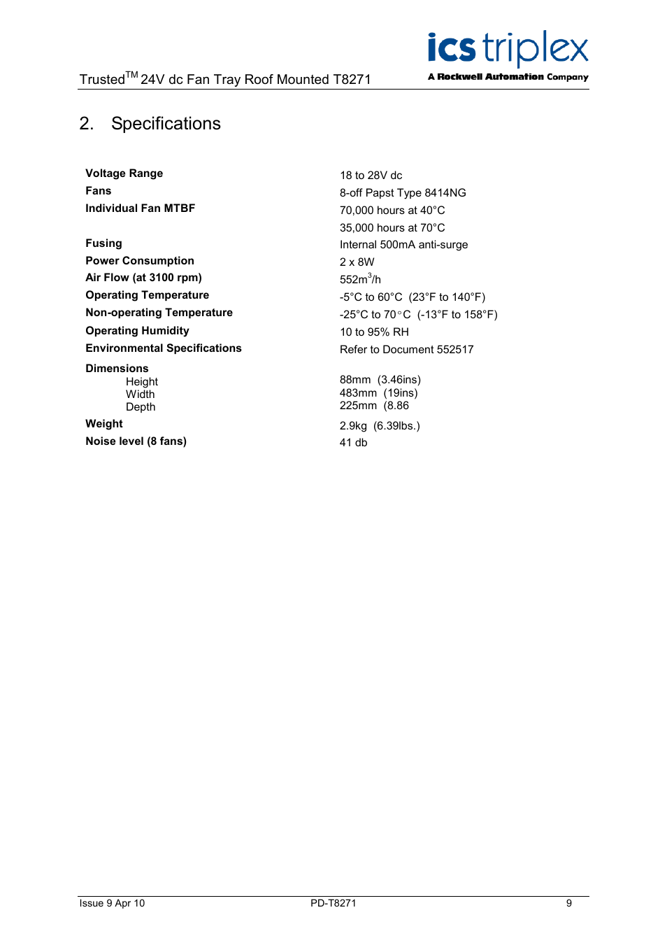 Specifications, Trusted | Rockwell Automation T8271 Trusted 24V dc Fan Tray Roof Mounted User Manual | Page 9 / 10