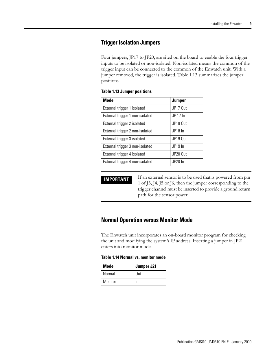 Trigger isolation jumpers, Normal operation versus monitor mode | Rockwell Automation 44887-PUB, 44887 Enwatch User Manual | Page 13 / 44