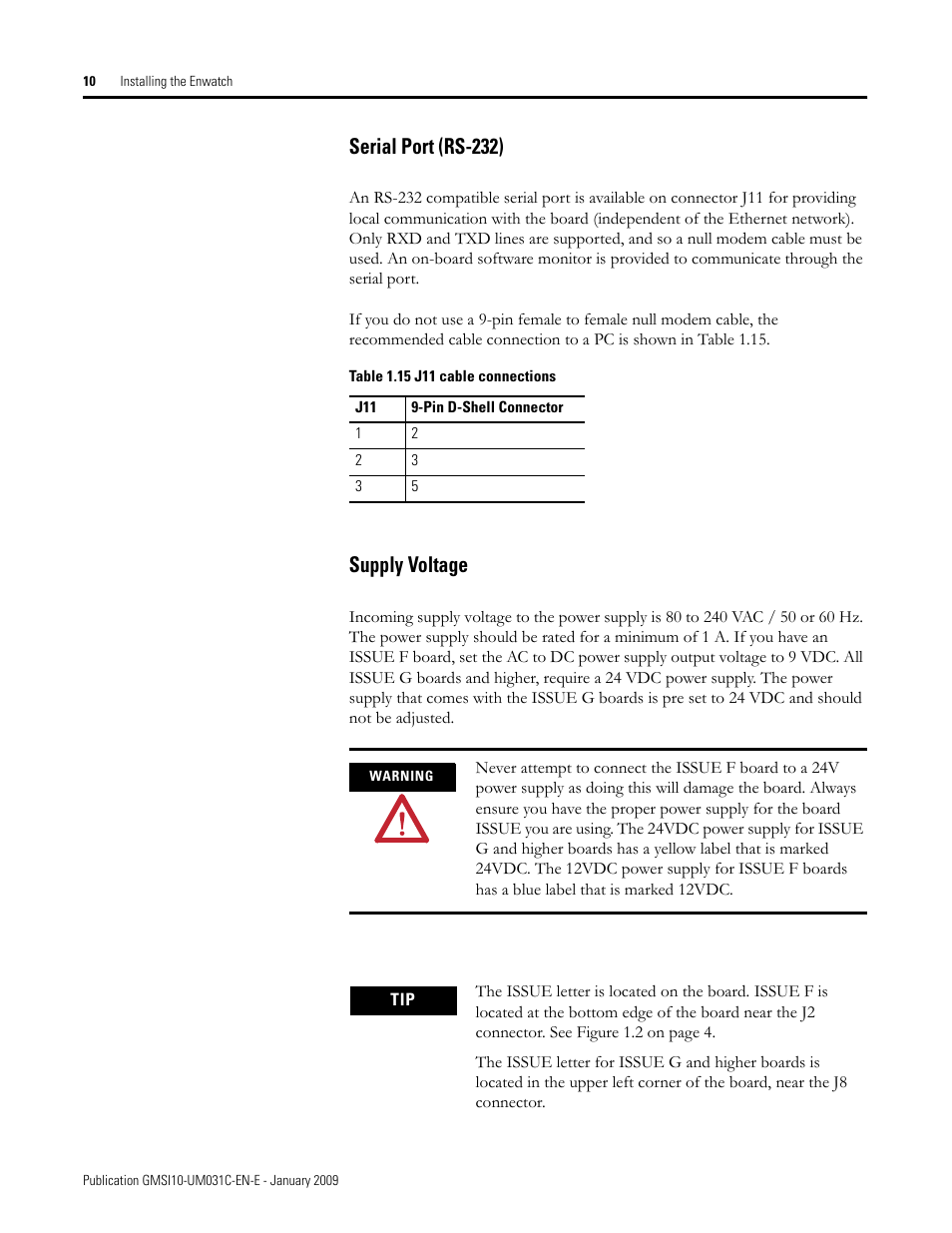 Serial port (rs-232), Supply voltage, Serial port (rs-232) supply voltage | Rockwell Automation 44887-PUB, 44887 Enwatch User Manual | Page 14 / 44