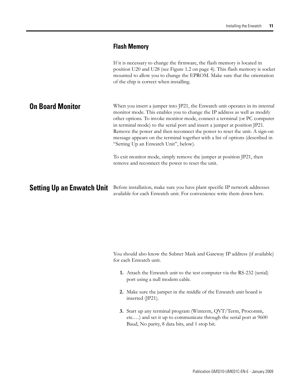 Flash memory, On board monitor, Setting up an enwatch unit | On board monitor setting up an enwatch unit | Rockwell Automation 44887-PUB, 44887 Enwatch User Manual | Page 15 / 44