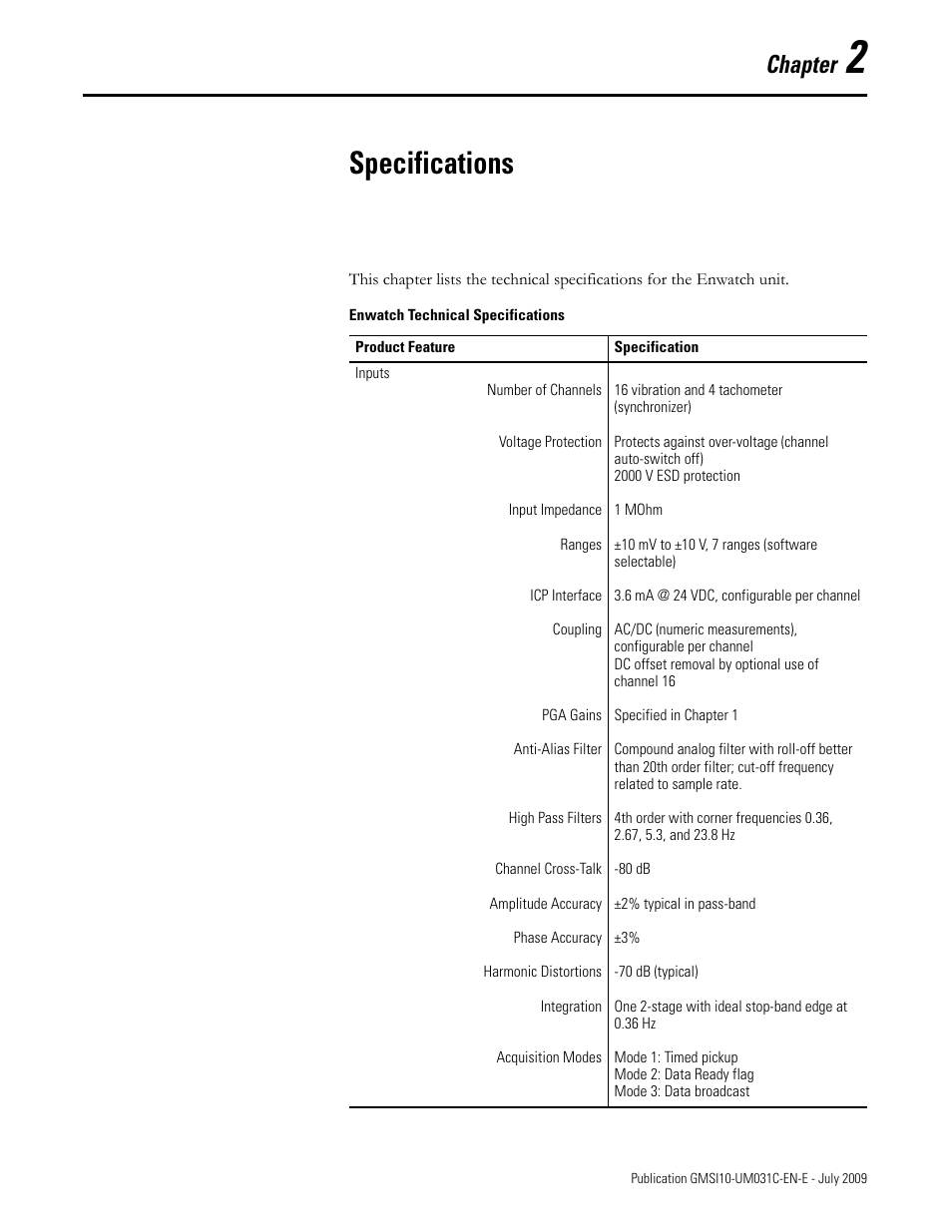 Specifications, Chapter 2, Chapter | Rockwell Automation 44887-PUB, 44887 Enwatch User Manual | Page 37 / 44