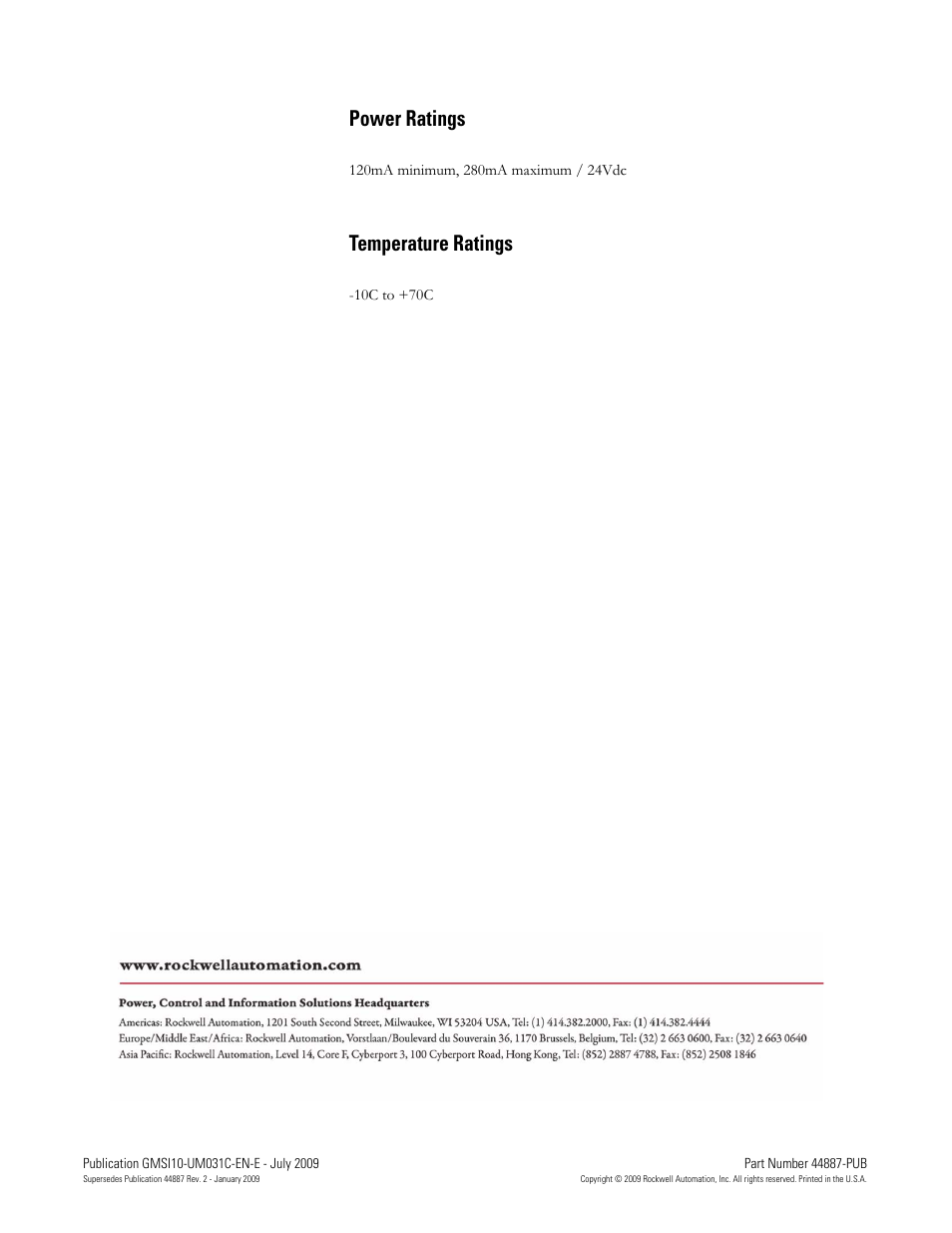 Power ratings, Temperature ratings, Power ratings temperature ratings | Rockwell Automation 44887-PUB, 44887 Enwatch User Manual | Page 44 / 44