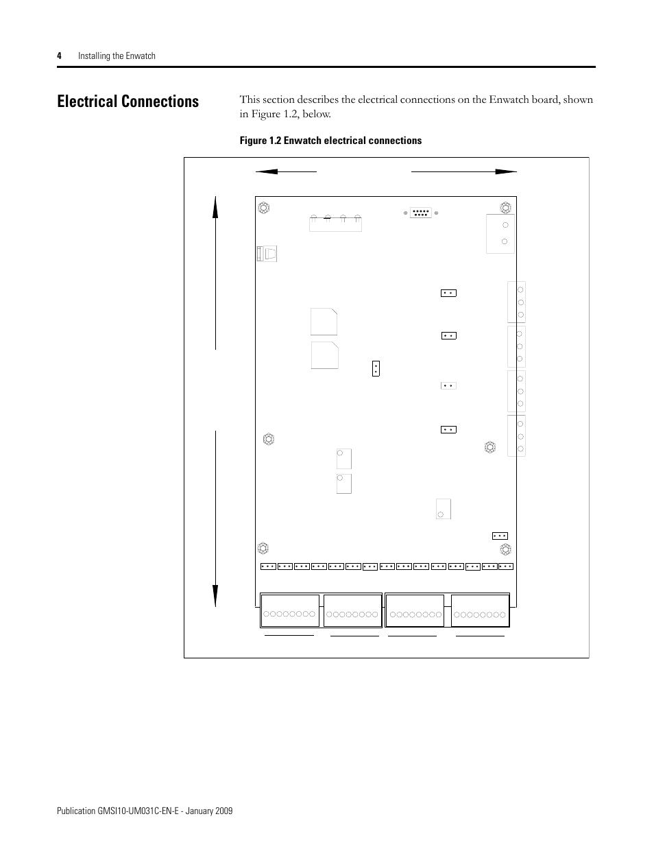 Electrical connections, Status led's rs-232 db-9 (female), J9 j8 j11 analog input configuration jumpers | Rv2 rv3 rv1, Figure 1.2 enwatch electrical connections | Rockwell Automation 44887-PUB, 44887 Enwatch User Manual | Page 8 / 44