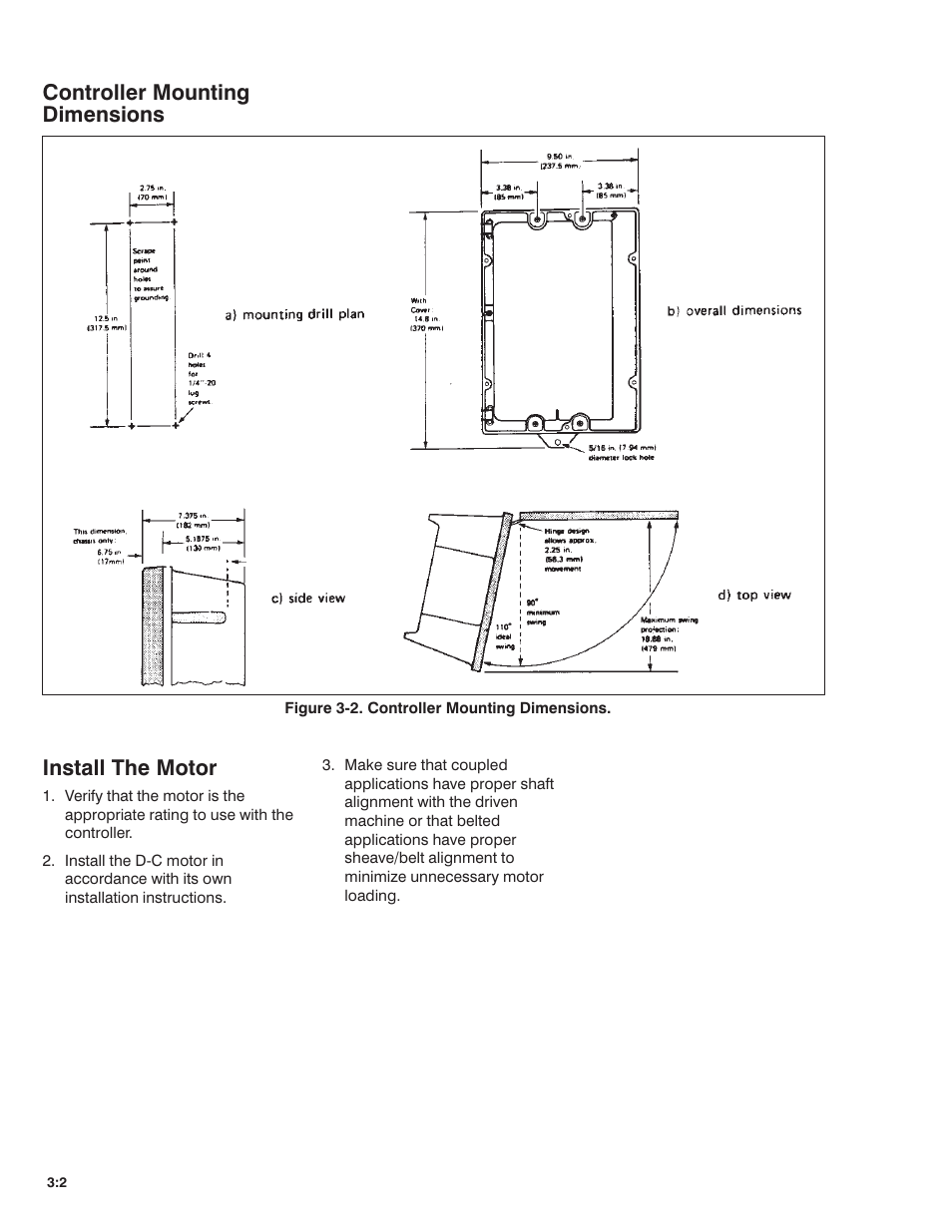 Controller mounting dimensions, Install the motor | Rockwell Automation MinPak Plus DC Drive User Manual User Manual | Page 13 / 74