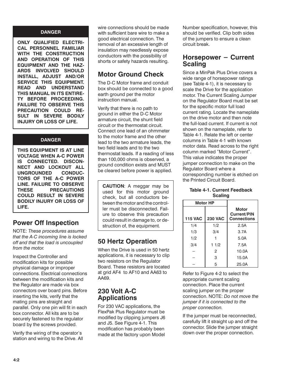 Power off inspection, Motor ground check, 50 hertz operation | 230 volt aćc applications, Horsepower - current scaling | Rockwell Automation MinPak Plus DC Drive User Manual User Manual | Page 25 / 74