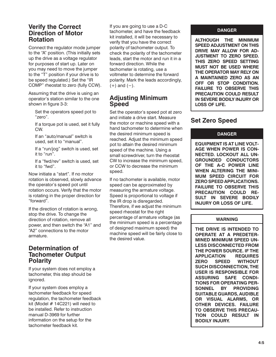 Verify the correct direction of motor rotation, Determination of tachometer output polarity, Adjusting minimum speed | Set zero speed | Rockwell Automation MinPak Plus DC Drive User Manual User Manual | Page 28 / 74