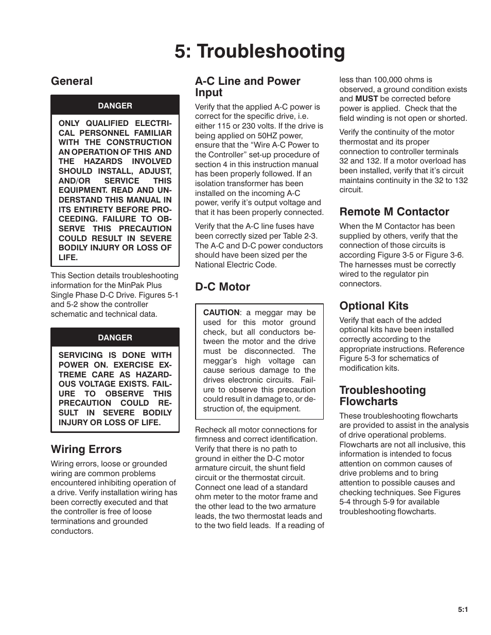 Troubleshooting, General, Wiring errors | Aćc line and power input, Dćc motor, Remote m contactor, Optional kits, Troubleshooting flowcharts | Rockwell Automation MinPak Plus DC Drive User Manual User Manual | Page 32 / 74