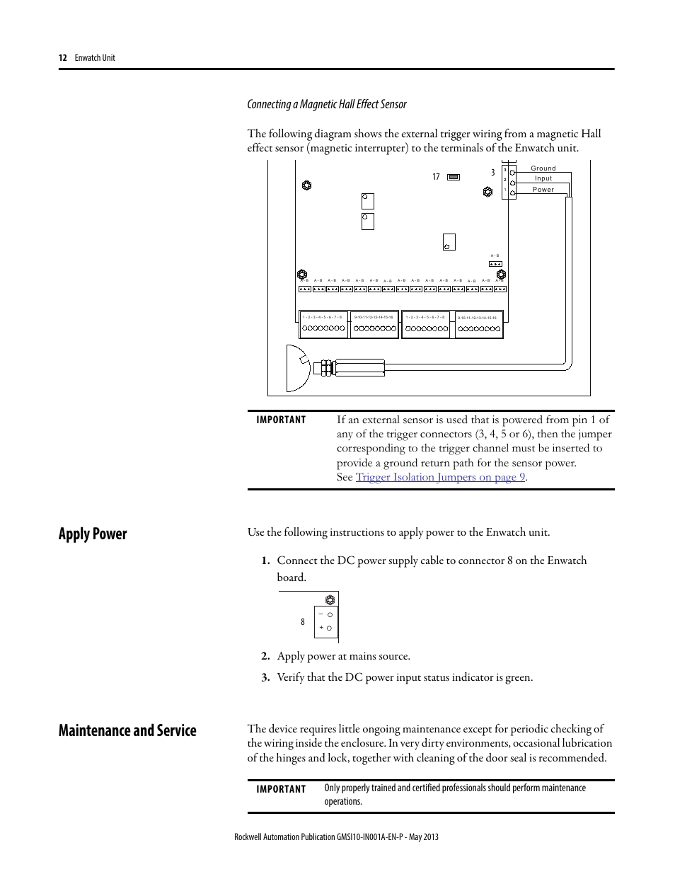 Apply power, Maintenance and service, Connecting a magnetic hall effect sensor | Important | Rockwell Automation EK-44750C Enwatch Unit User Manual | Page 12 / 32
