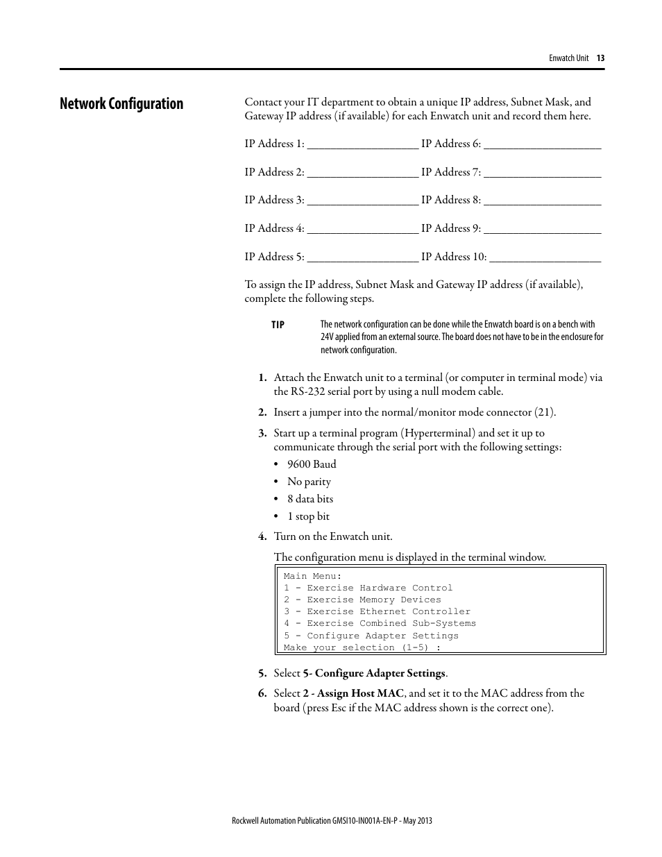 Network configuration | Rockwell Automation EK-44750C Enwatch Unit User Manual | Page 13 / 32