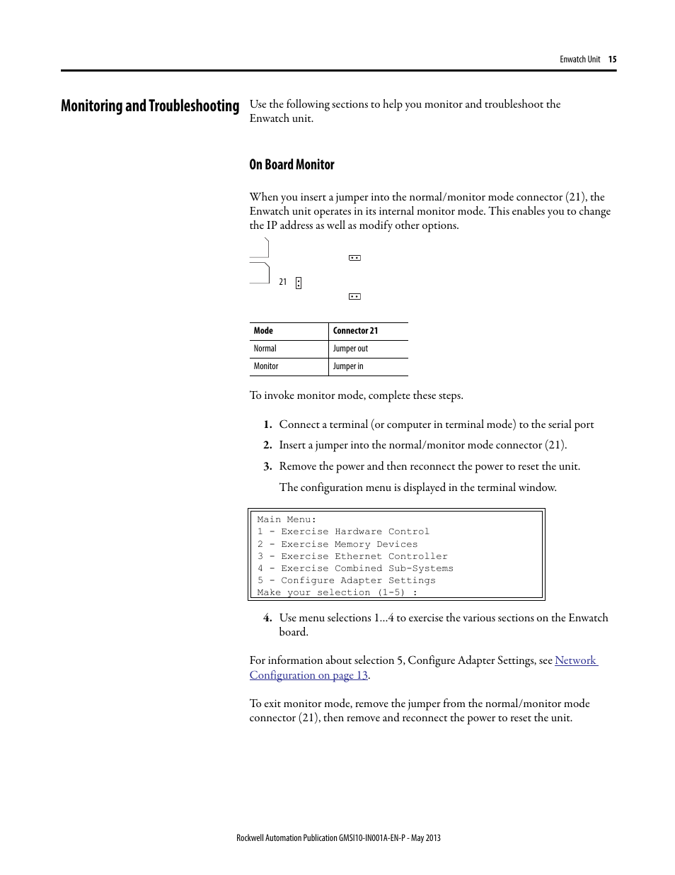 Monitoring and troubleshooting, On board monitor | Rockwell Automation EK-44750C Enwatch Unit User Manual | Page 15 / 32