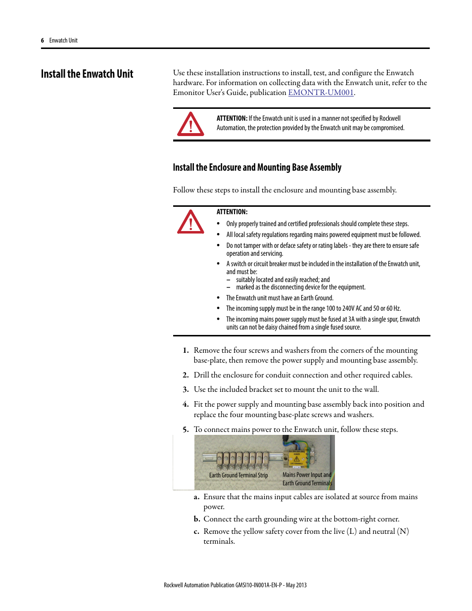 Install the enwatch unit, Install the enclosure and mounting base assembly | Rockwell Automation EK-44750C Enwatch Unit User Manual | Page 6 / 32