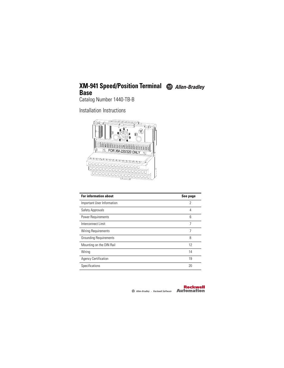 Rockwell Automation 1440-TB-B XM-941 Speed/Position Terminal Base User Manual | 22 pages