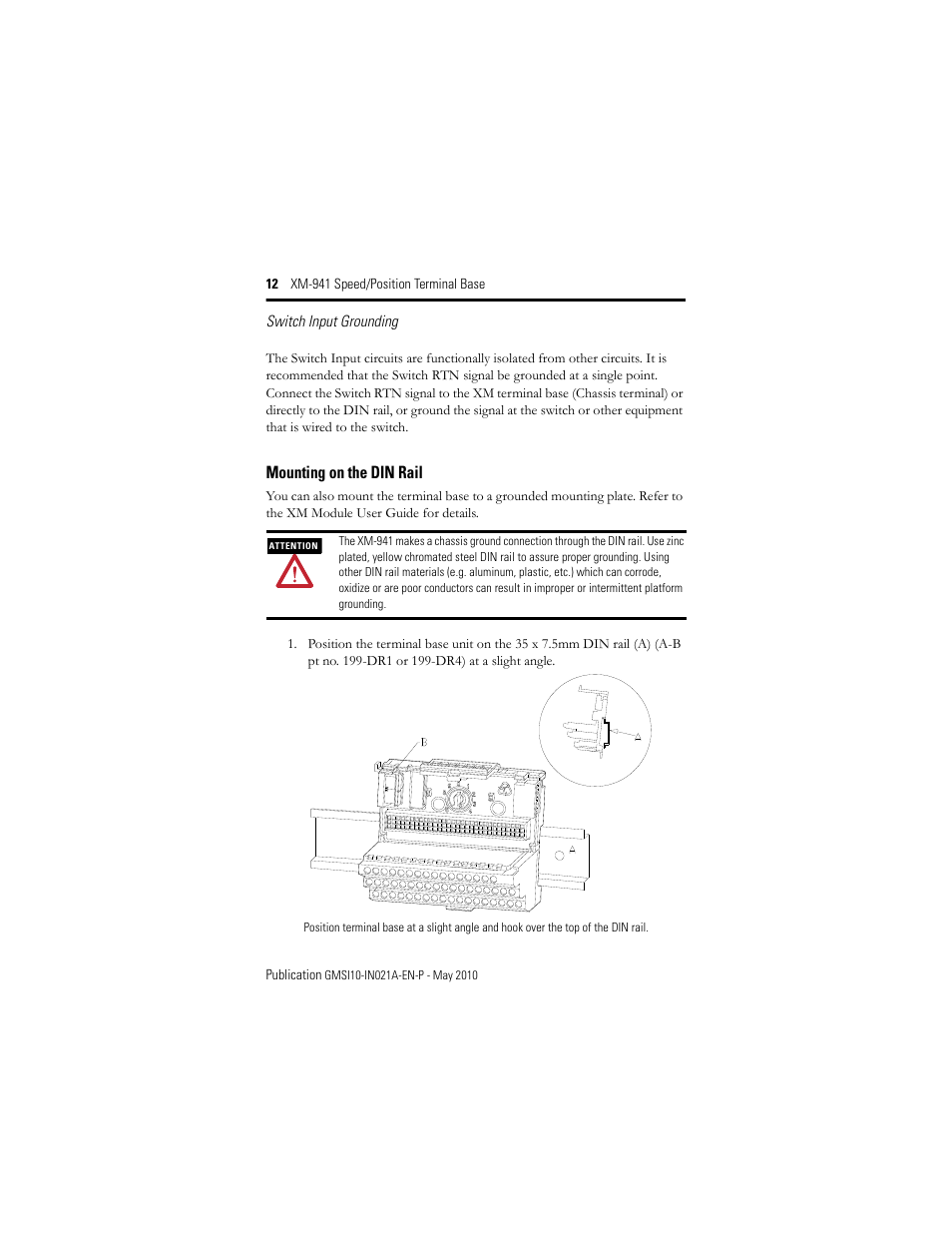 Mounting on the din rail | Rockwell Automation 1440-TB-B XM-941 Speed/Position Terminal Base User Manual | Page 12 / 22