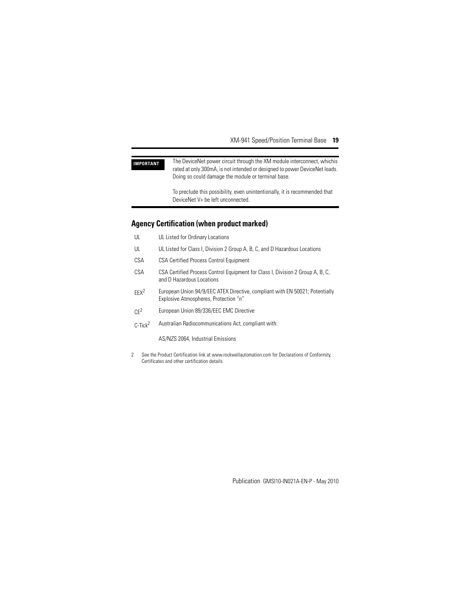 Agency certification (when product marked) | Rockwell Automation 1440-TB-B XM-941 Speed/Position Terminal Base User Manual | Page 19 / 22