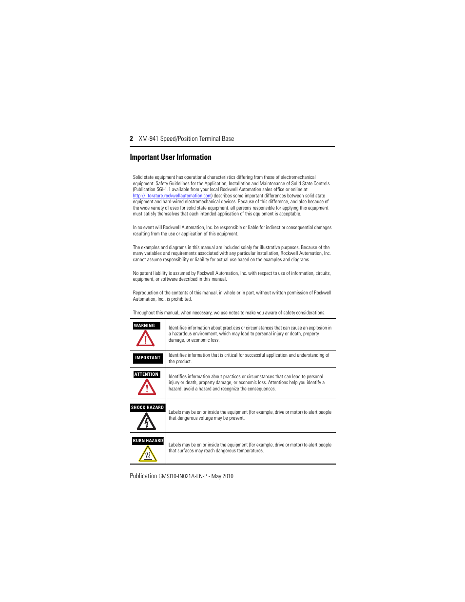 Important user information, 2 xm-941 speed/position terminal base publication | Rockwell Automation 1440-TB-B XM-941 Speed/Position Terminal Base User Manual | Page 2 / 22