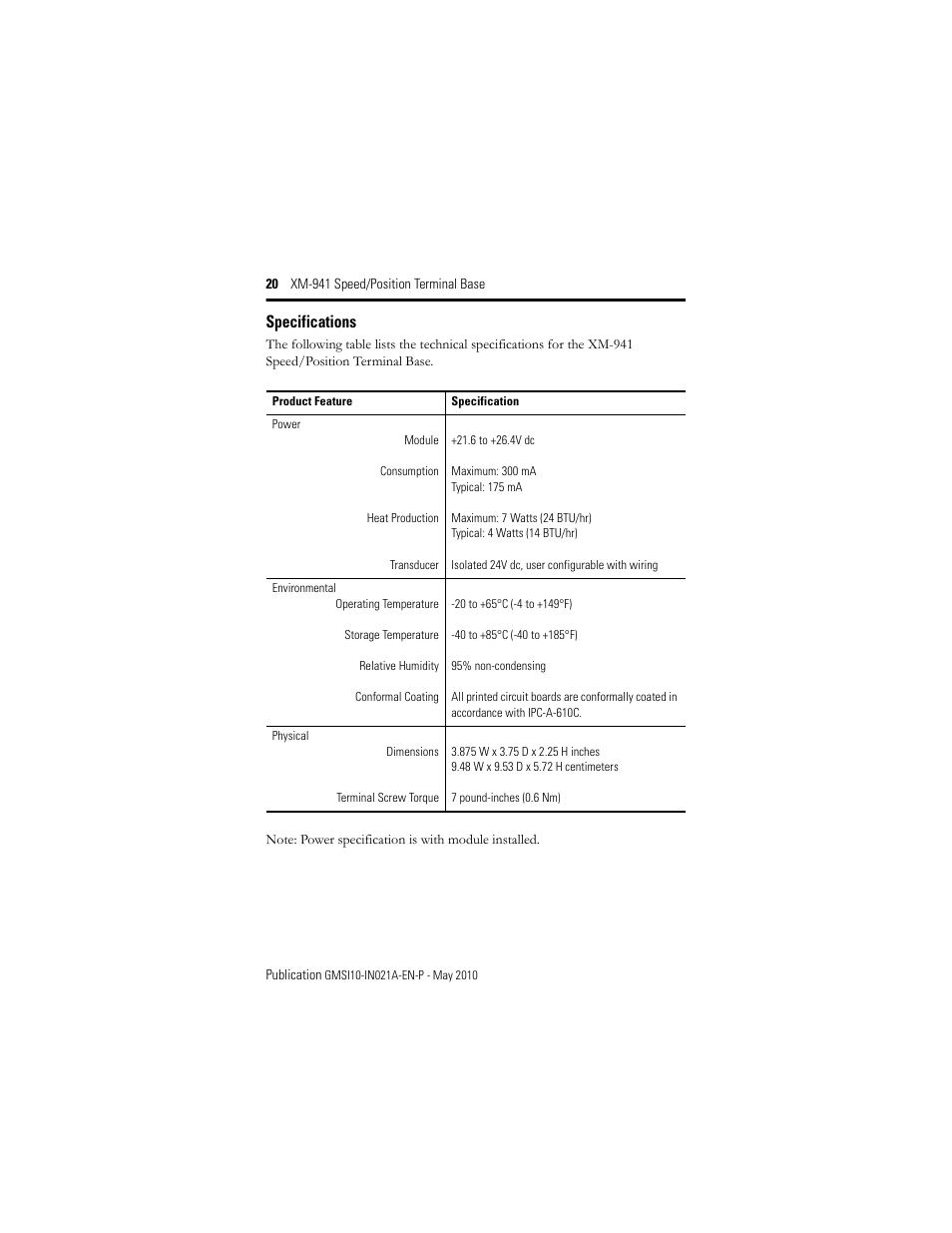 Specifications | Rockwell Automation 1440-TB-B XM-941 Speed/Position Terminal Base User Manual | Page 20 / 22