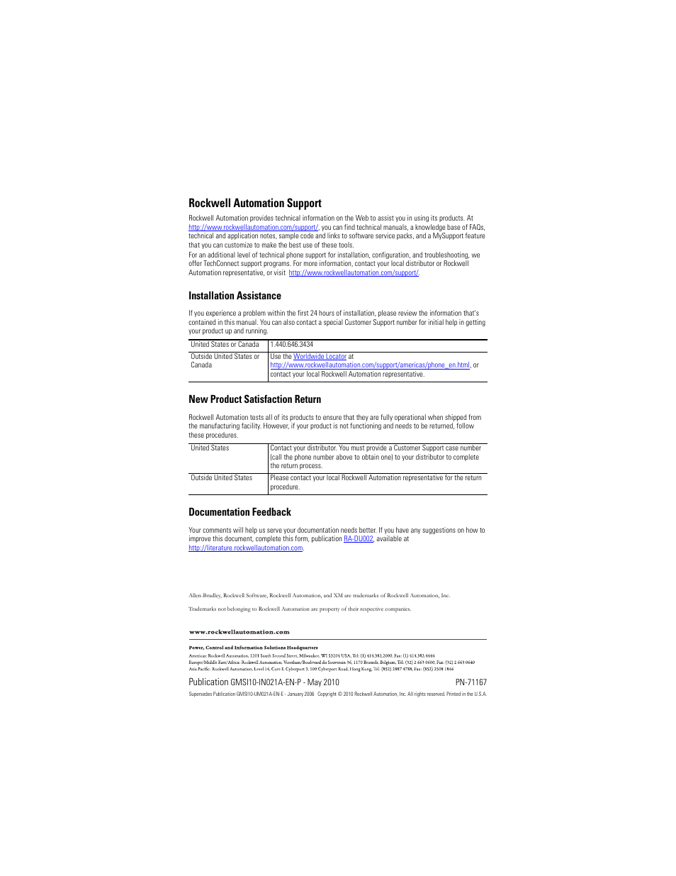 Rockwell automation support, Installation assistance, New product satisfaction return | Documentation feedback | Rockwell Automation 1440-TB-B XM-941 Speed/Position Terminal Base User Manual | Page 22 / 22