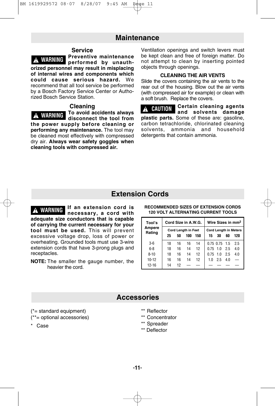 Maintenance, Accessories, Extension cords | Service, Cleaning, Warning, Caution | Bosch LCD User Manual | Page 11 / 32