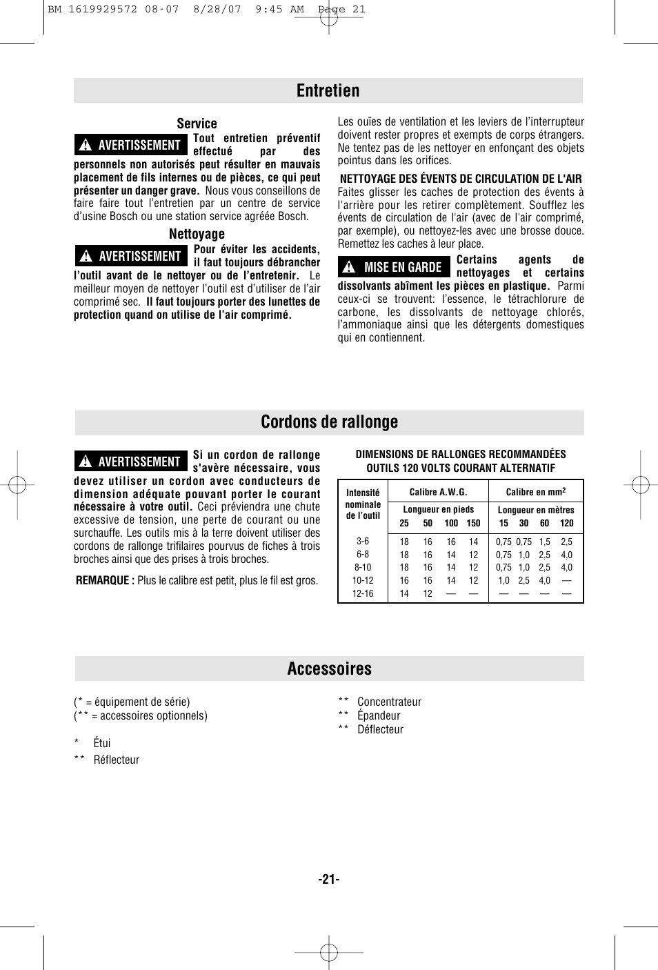 Entretien, Accessoires, Cordons de rallonge | Service, Nettoyage | Bosch LCD User Manual | Page 21 / 32