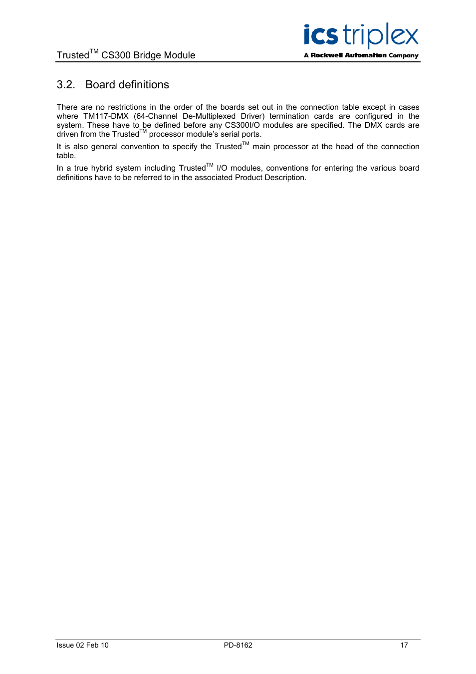Board definitions, Trusted, Cs300 bridge module | Rockwell Automation CS300 Trusted Bridge Module User Manual | Page 17 / 34