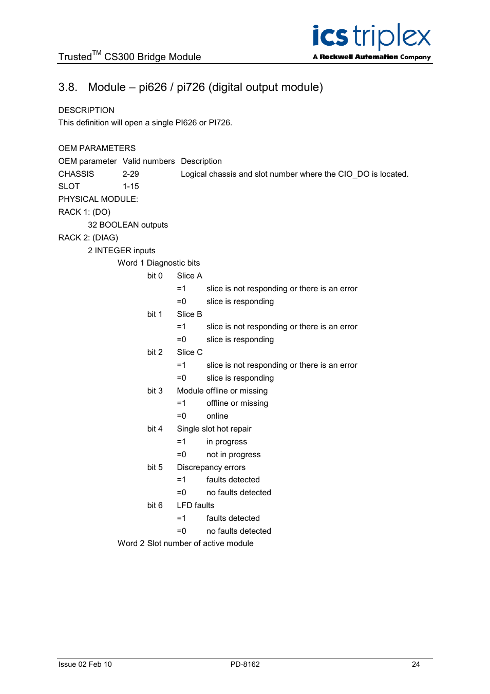 Module – pi626 / pi726 (digital output module), Trusted, Cs300 bridge module | Rockwell Automation CS300 Trusted Bridge Module User Manual | Page 24 / 34