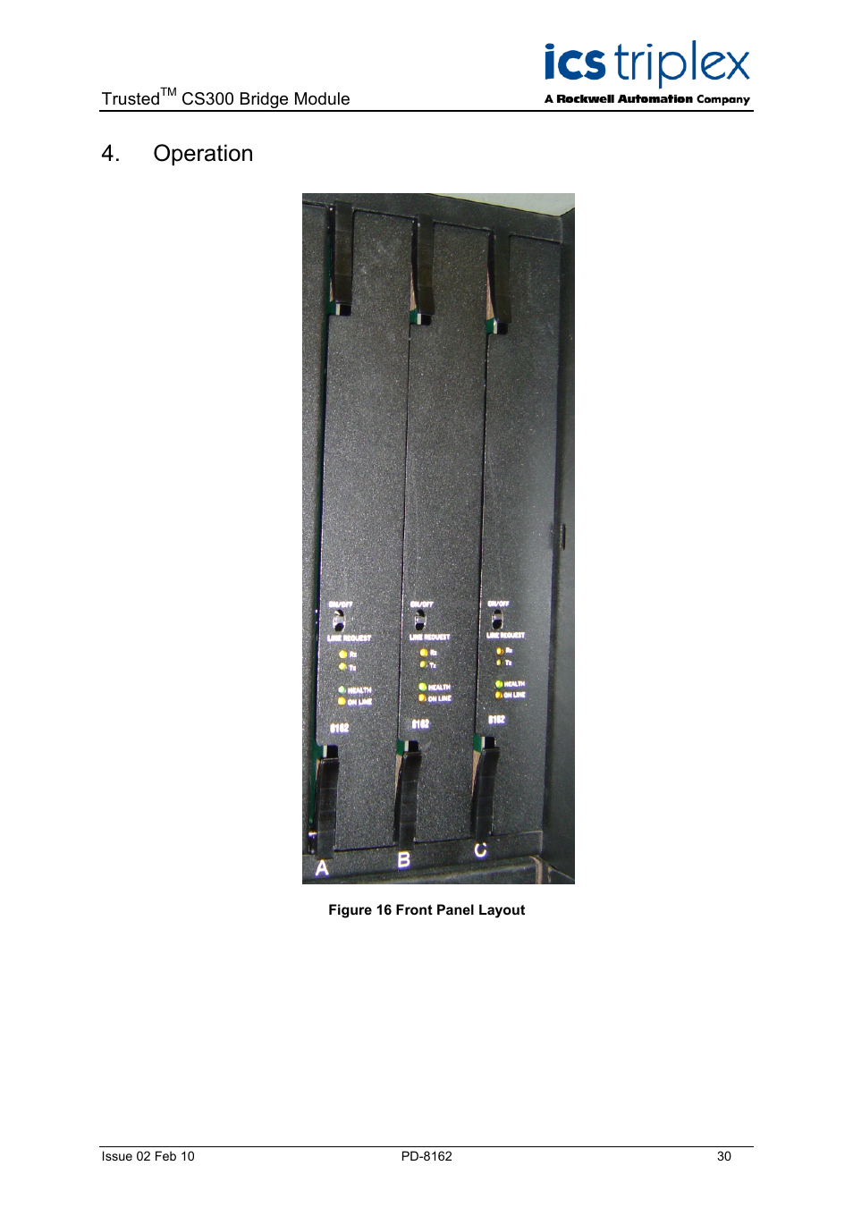 Operation, Figure 16 front panel layout | Rockwell Automation CS300 Trusted Bridge Module User Manual | Page 30 / 34