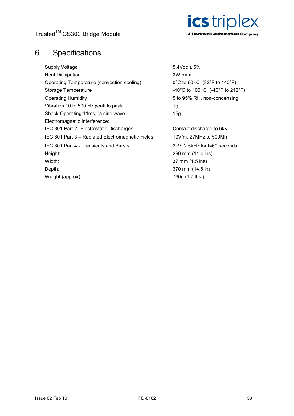 Specifications | Rockwell Automation CS300 Trusted Bridge Module User Manual | Page 33 / 34
