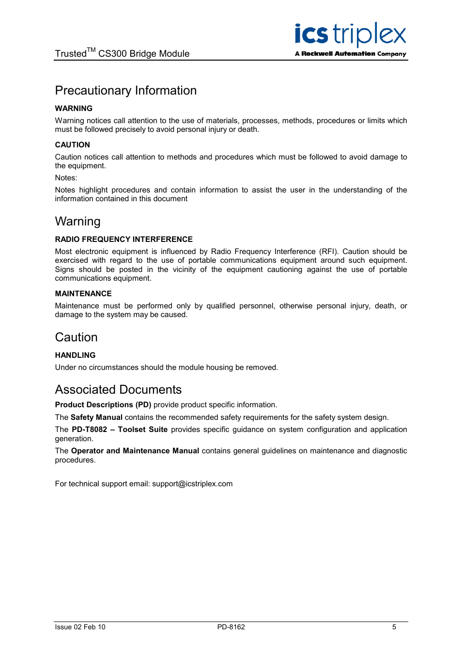 Precautionary information, Warning, Caution | Associated documents | Rockwell Automation CS300 Trusted Bridge Module User Manual | Page 5 / 34