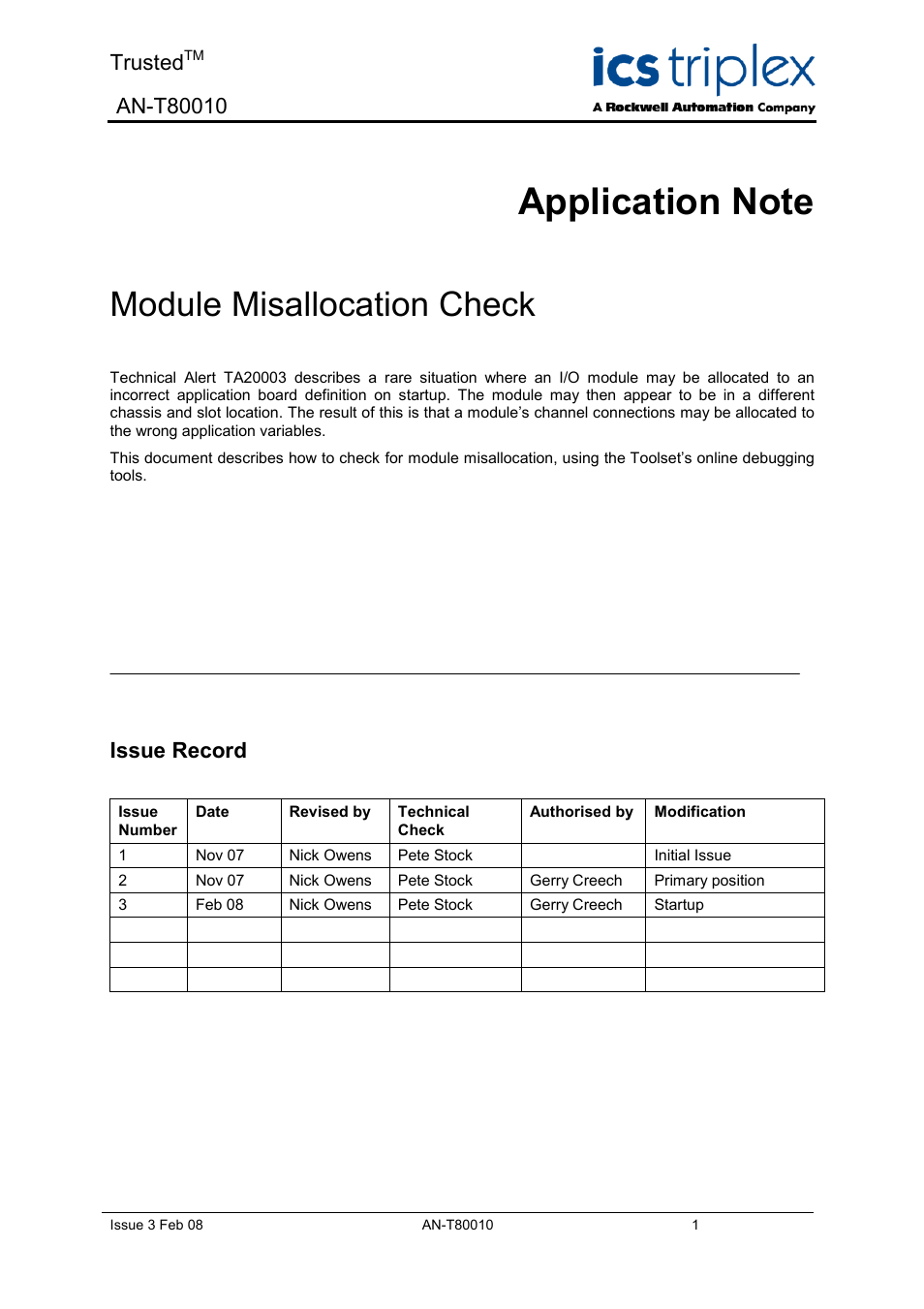 Rockwell Automation T80010 Application Note Module Misallocation Check User Manual | 4 pages