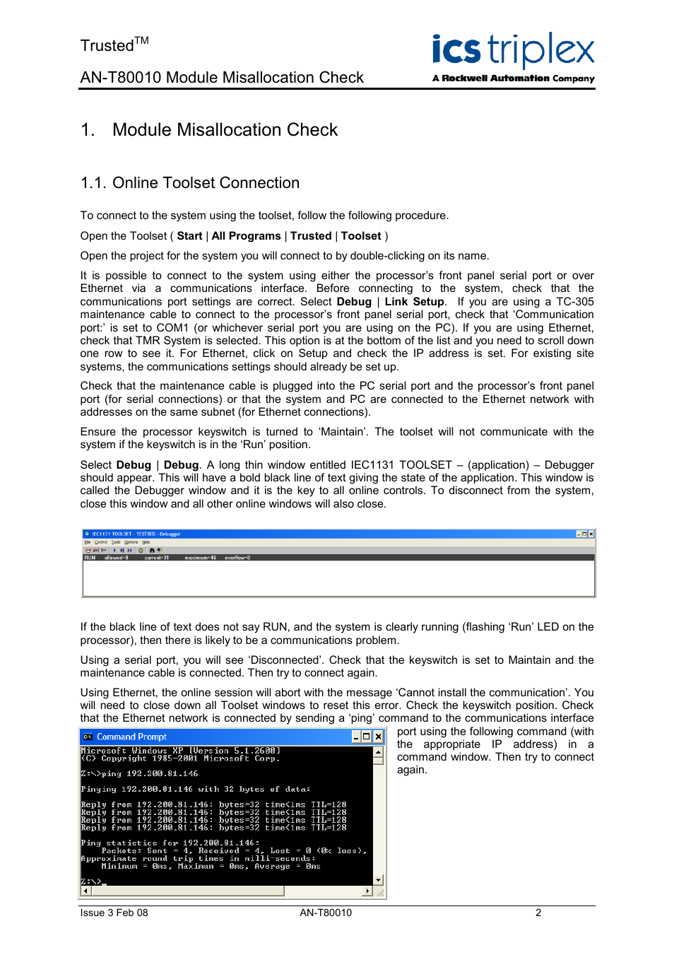 Online toolset connection, Module misallocation check, Trusted | Rockwell Automation T80010 Application Note Module Misallocation Check User Manual | Page 2 / 4